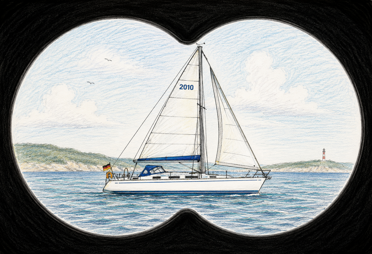 Segelboot durch Fernglas
